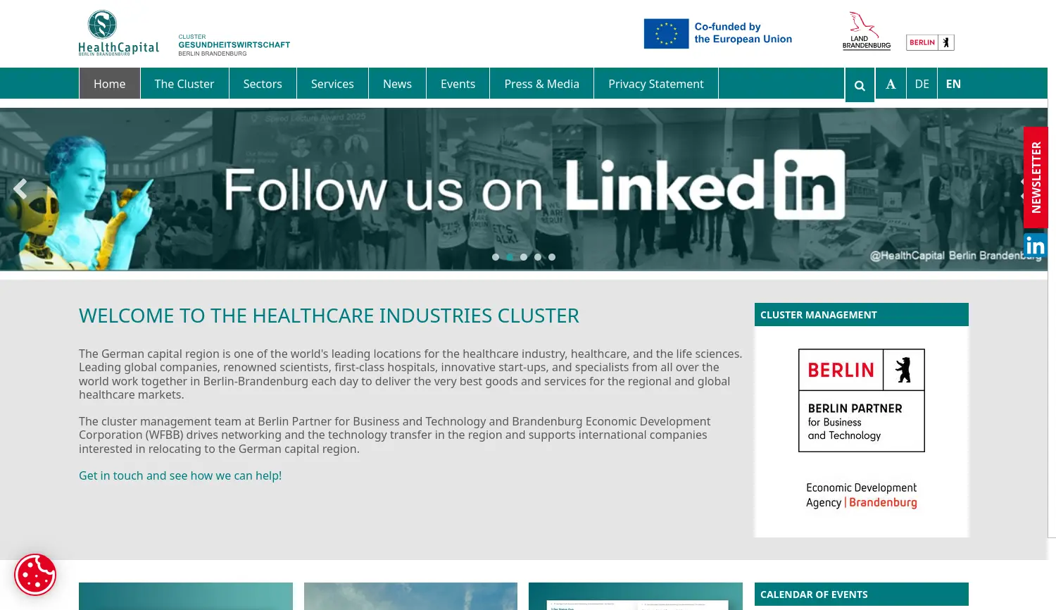 Website der Firma Cluster Gesundheitswirtschaft Berlin-Brandenburg (Betrieben durch Berlin Partner für Wirtschaft und Technologie GmbH und Wirtschaftsförderung Brandenburg)