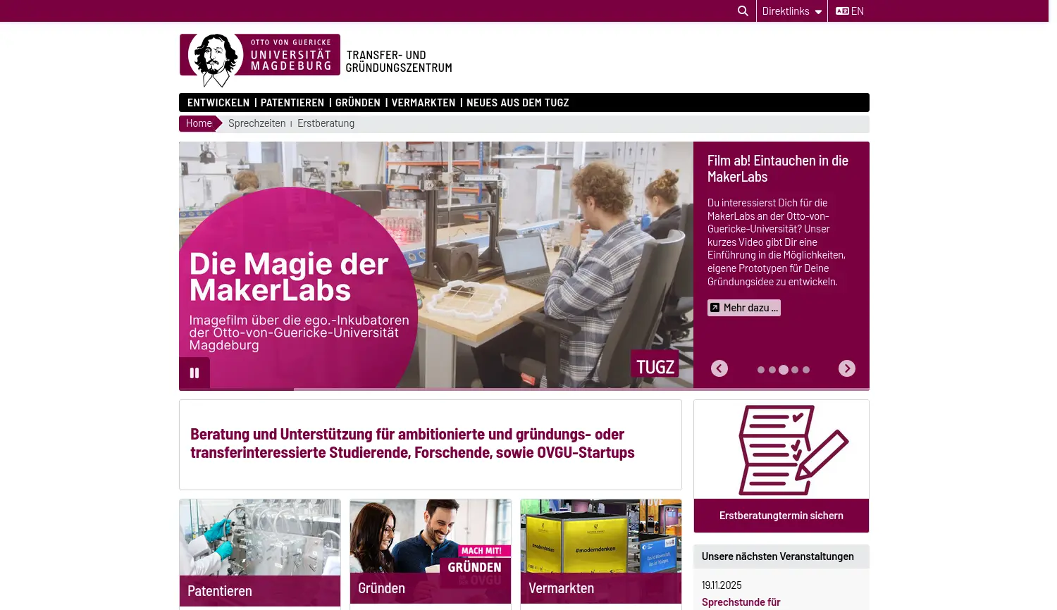 Website der Firma Transfer- und Gründungszentrum der Otto-von-Guericke-Universität Magdeburg