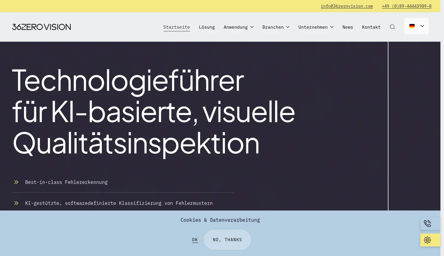 Website der Firma 36ZERO Vision GmbH