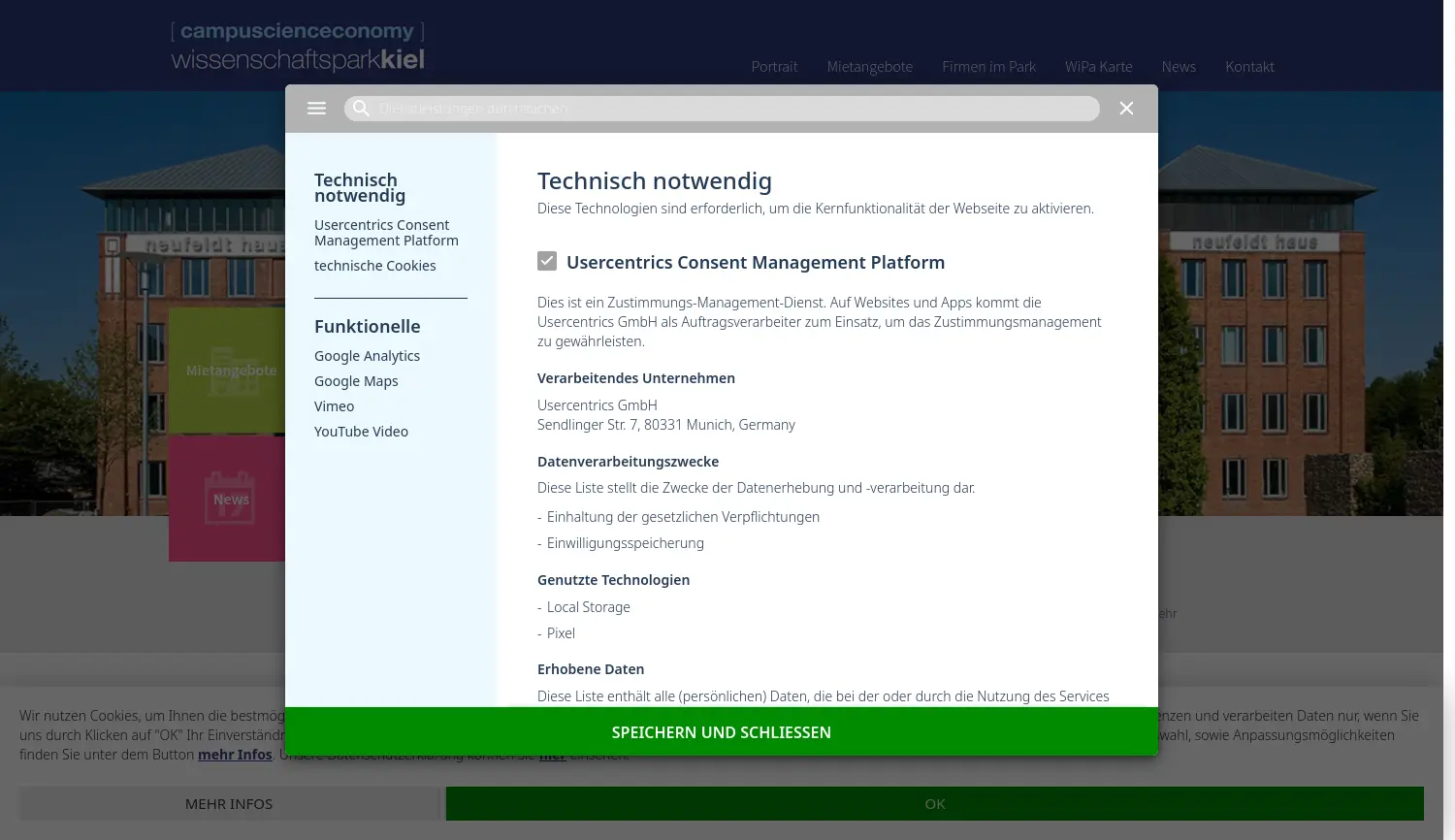 Website der Firma Wissenschaftspark Kiel GmbH