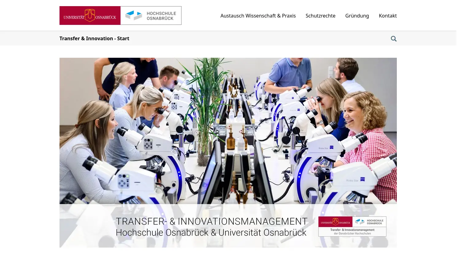 Website der Firma Transfer- und Innovationsmanagement (TIM) der Universität und der Hochschule Osnabrück