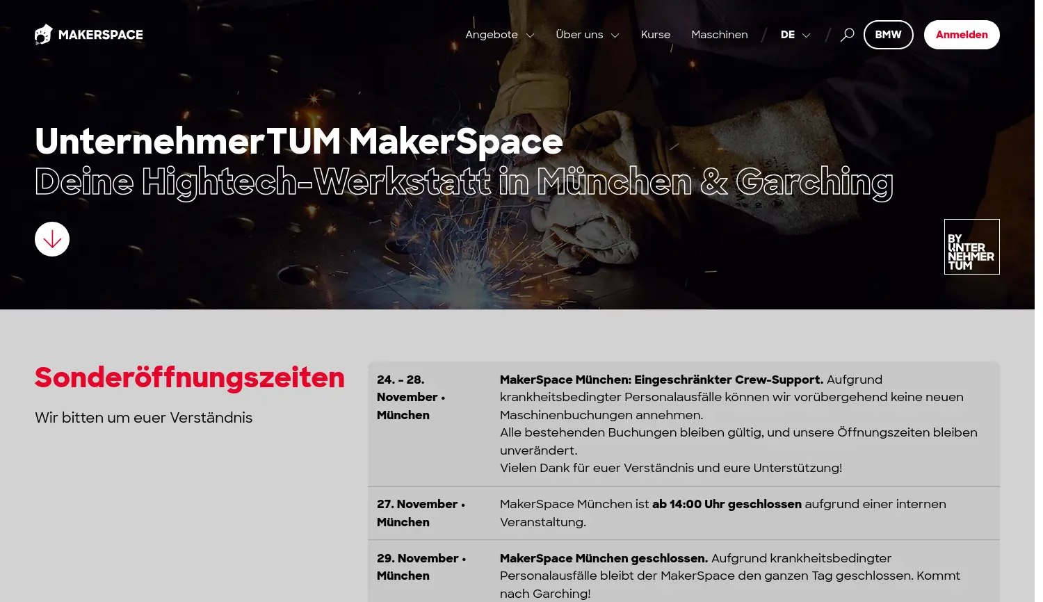 Website der Firma UnternehmerTUM MakerSpace GmbH