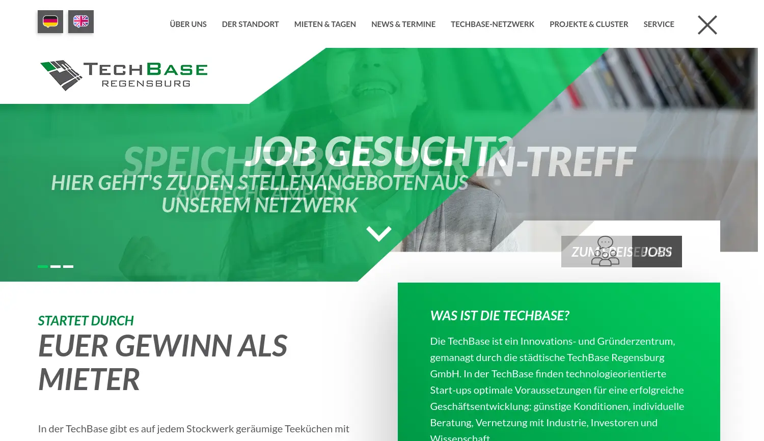 Website der Firma TechBase Regensburg GmbH - ein Unternehmen der Stadt Regensburg
