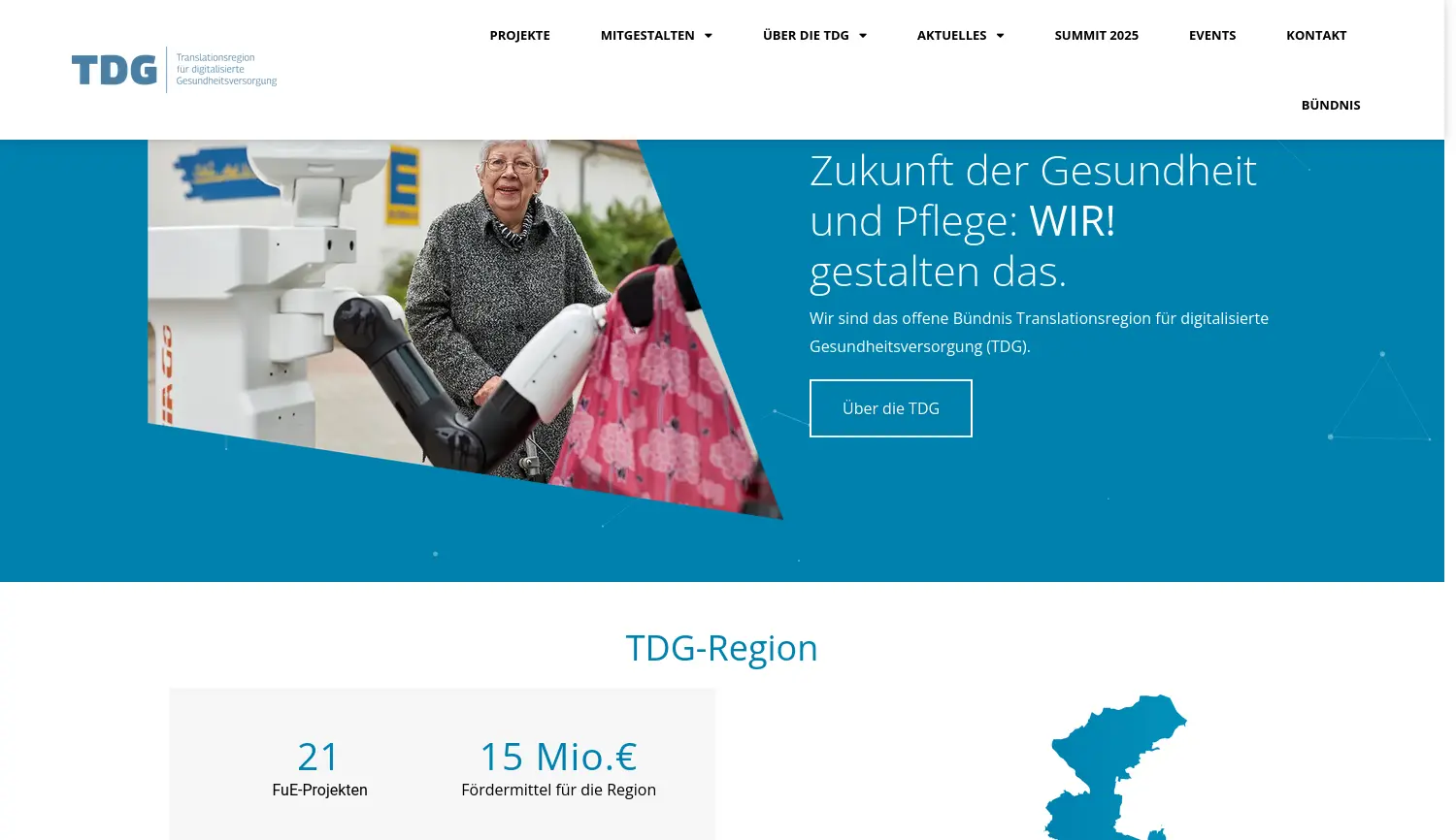 Website der Firma Translationsregion für digitalisierte Gesundheitsversorgung (TDG)