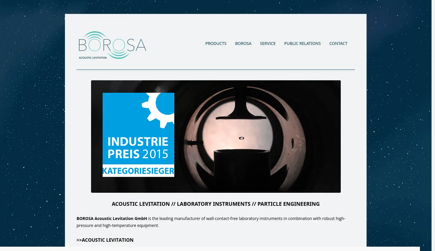 Website der Firma BOROSA Acoustic Levitation GmbH