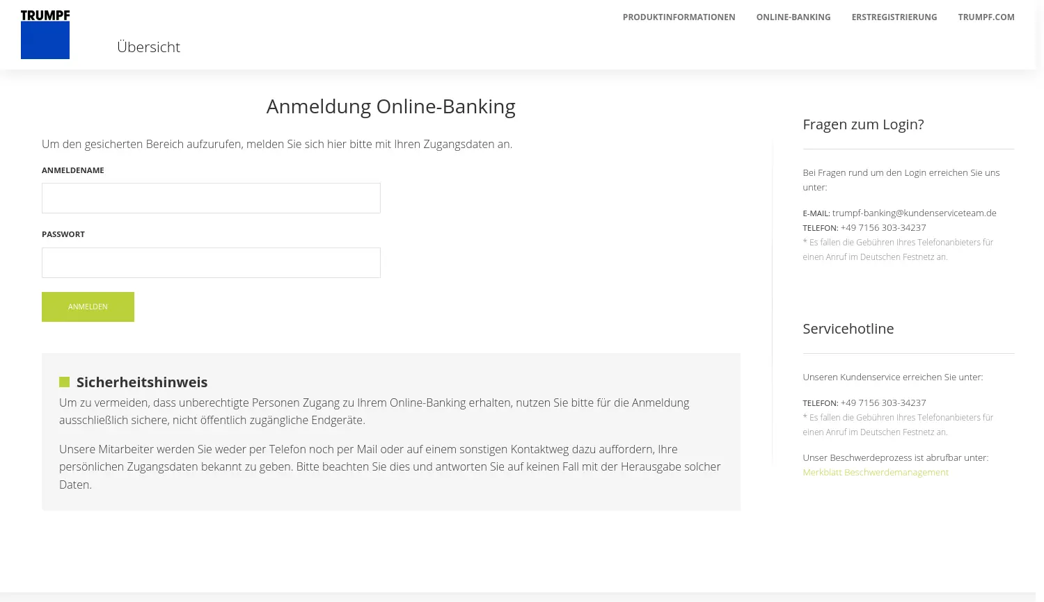 Website der Firma TRUMPF Financial Services GmbH