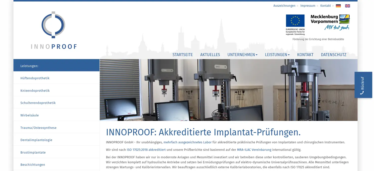 Website der Firma INNOPROOF GmbH