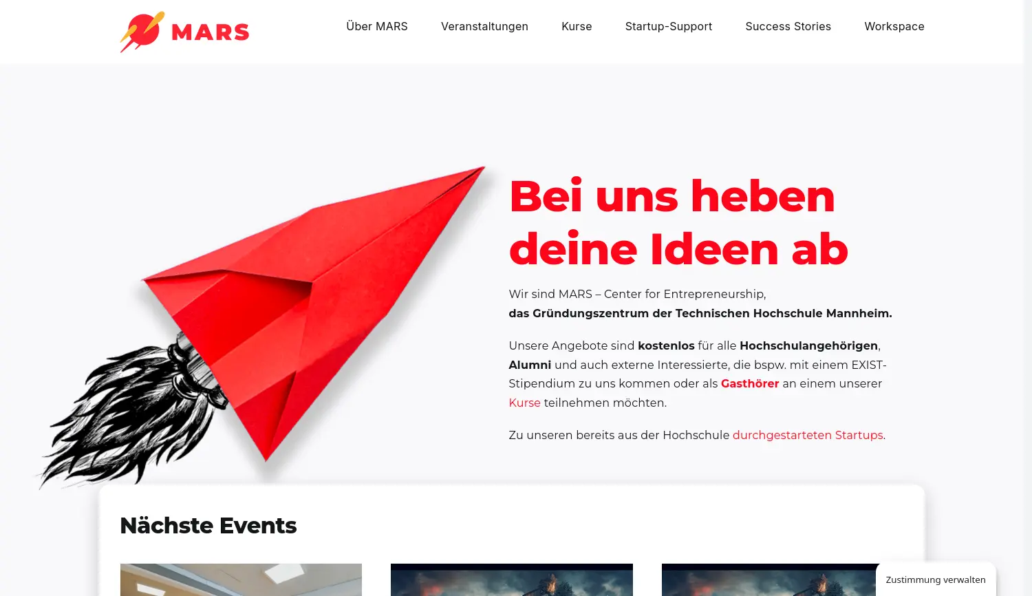 Website der Firma MARS – Center for Entrepreneurship