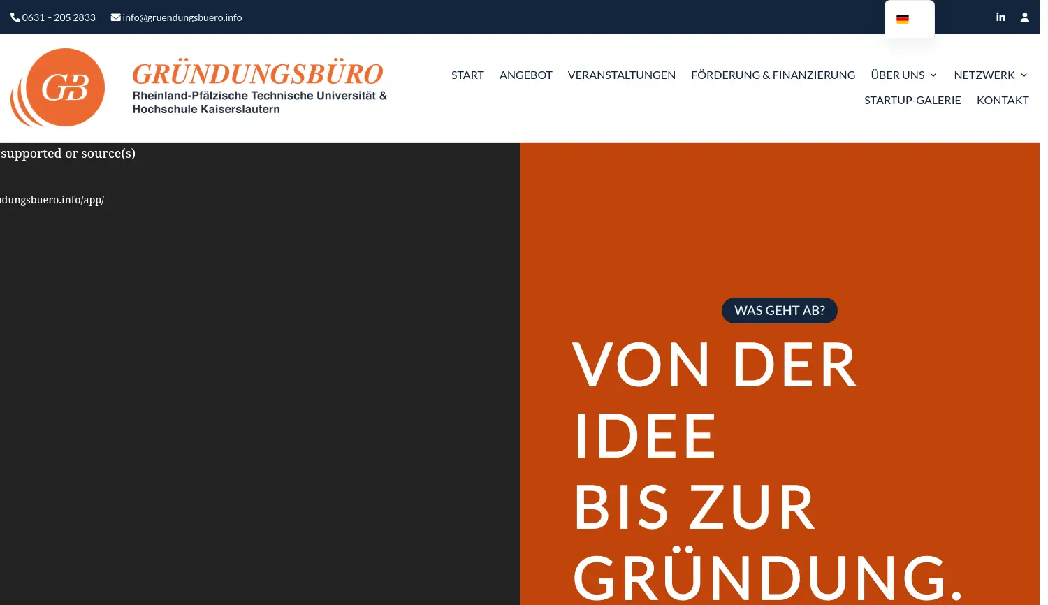 Website der Firma Gründungsbüro RPTU und Hochschule Kaiserslautern
