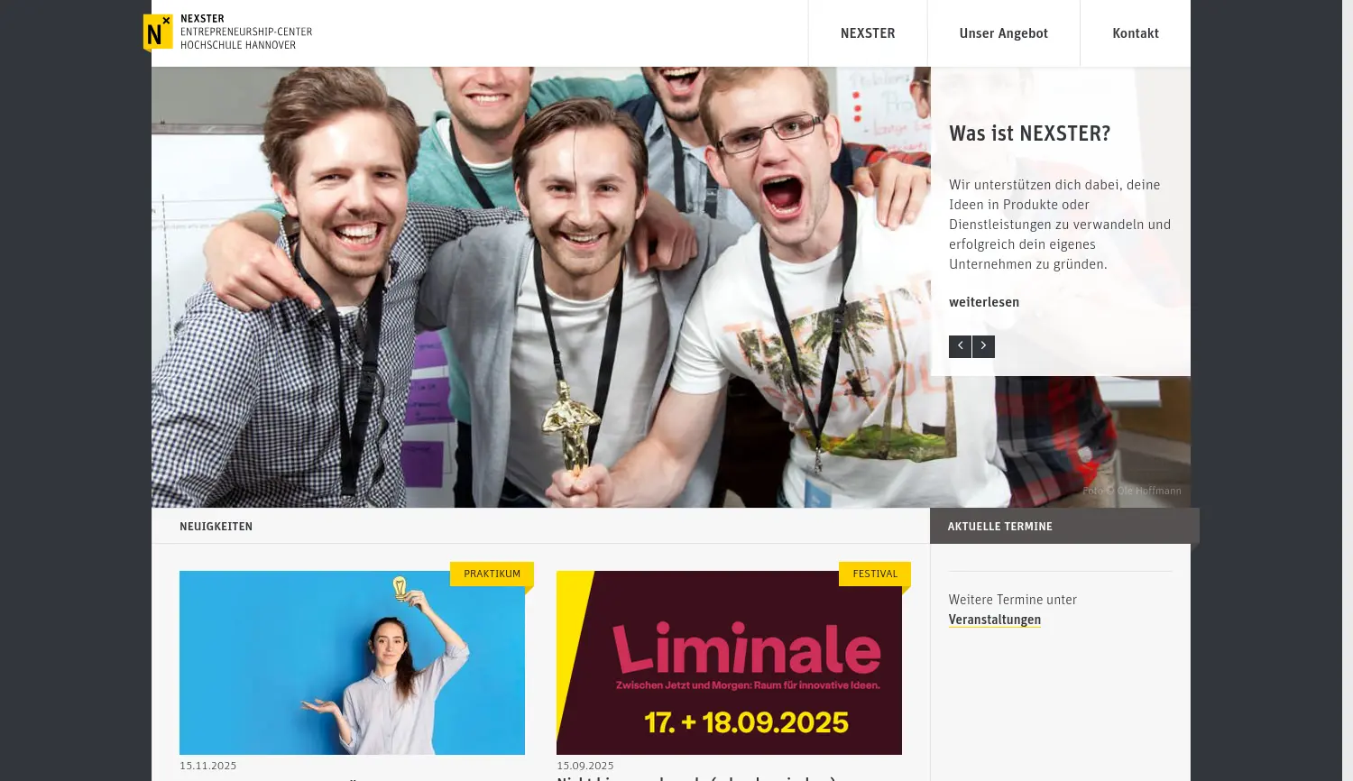 Website der Firma NEXSTER Entrepreneurship-Center der Hochschule Hannover