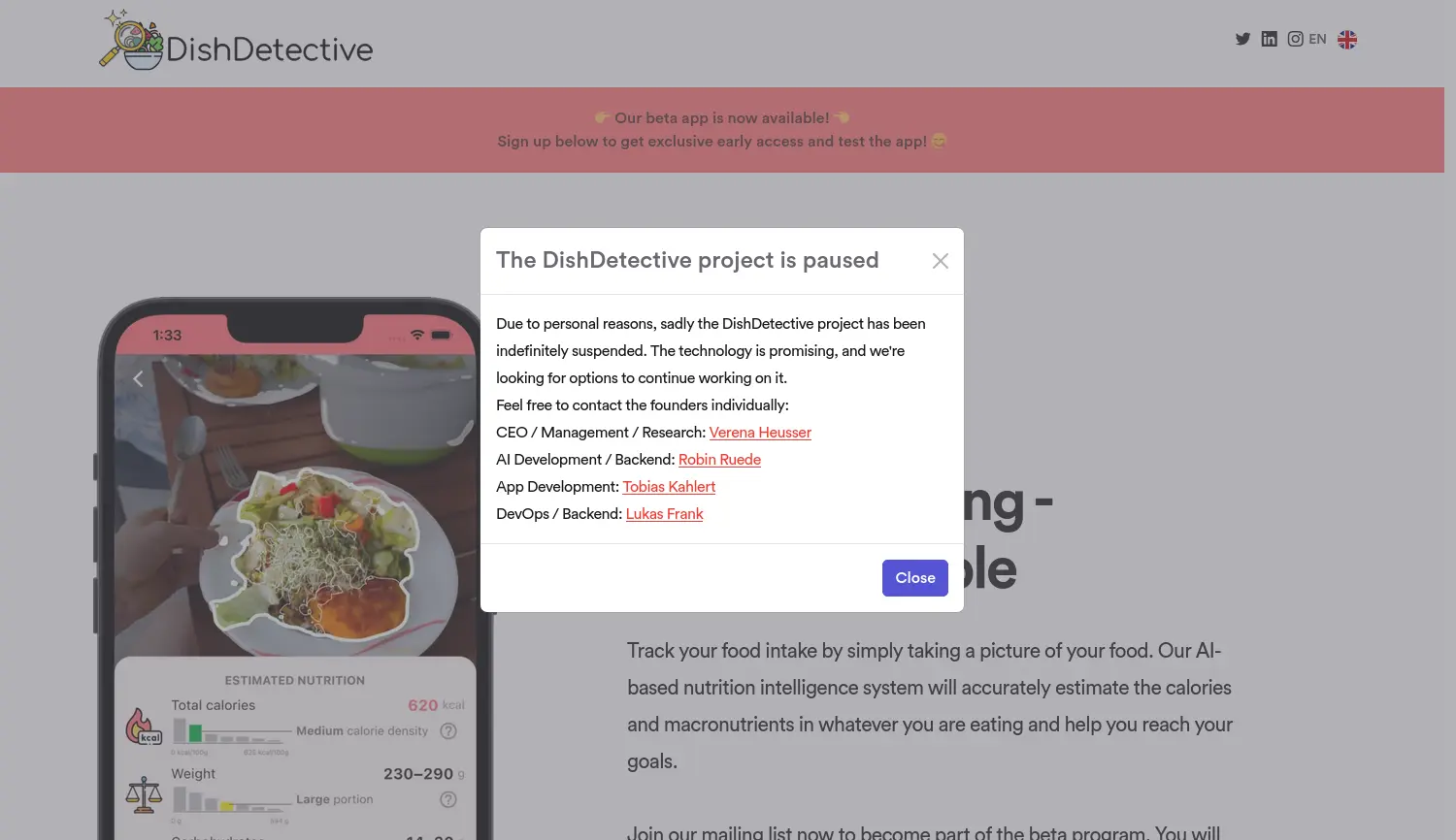 Website der Firma DishDetective (EXIST)