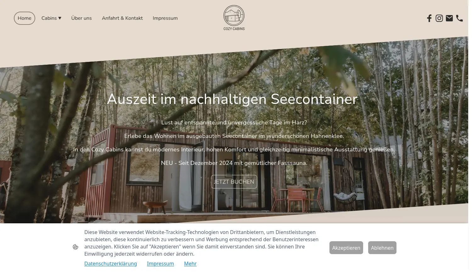 Website der Firma cozy cabins GbR