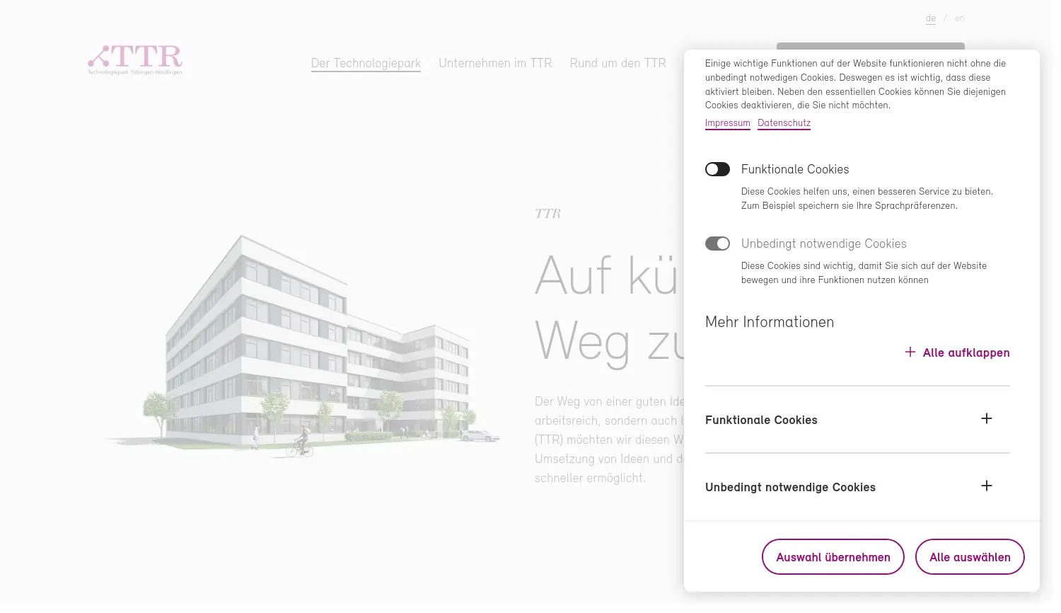 Website der Firma Technologieparks Tübingen-Reutlingen GmbH