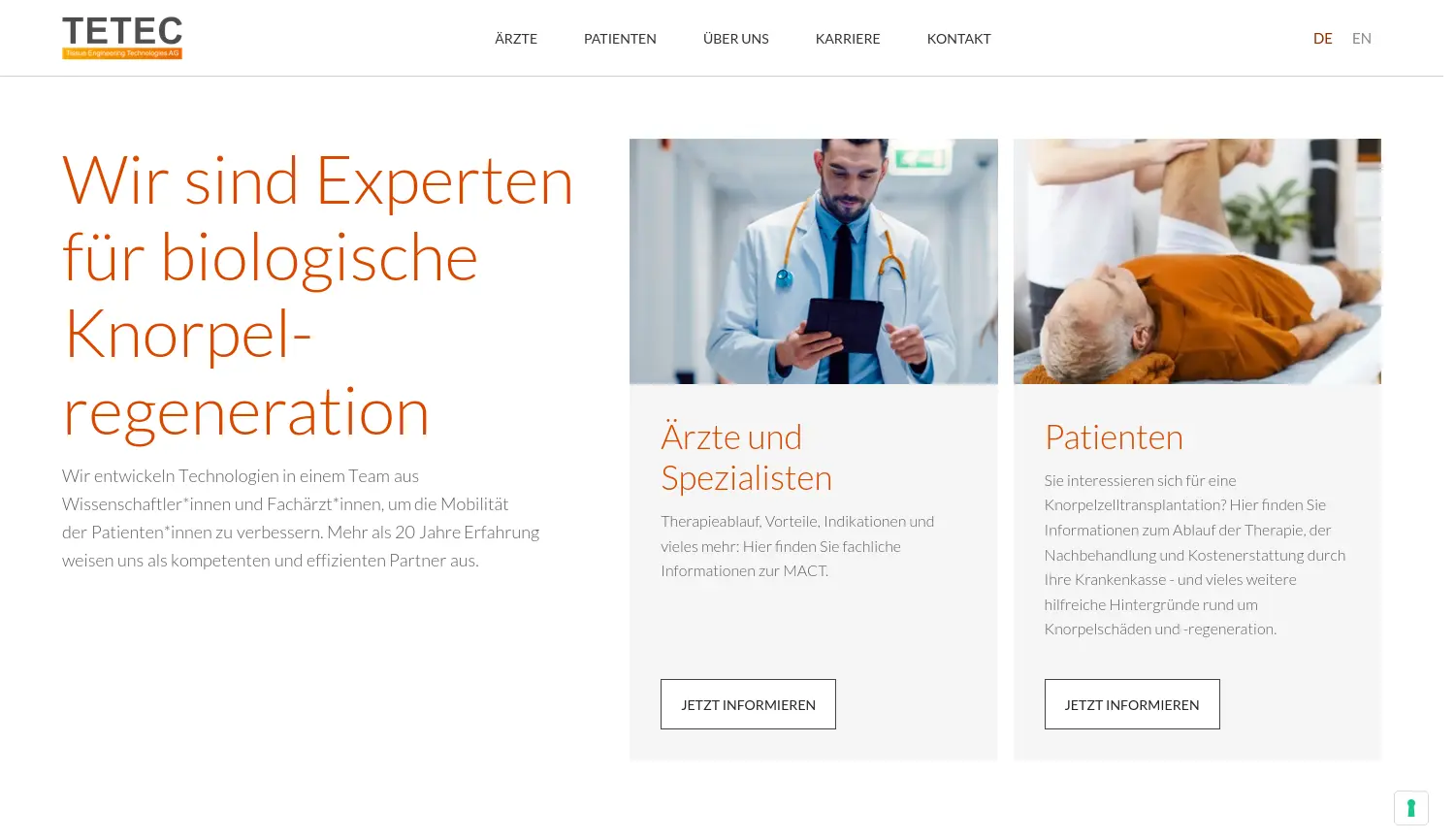 Website der Firma TETEC AG, Tissue Engineering Technologies®