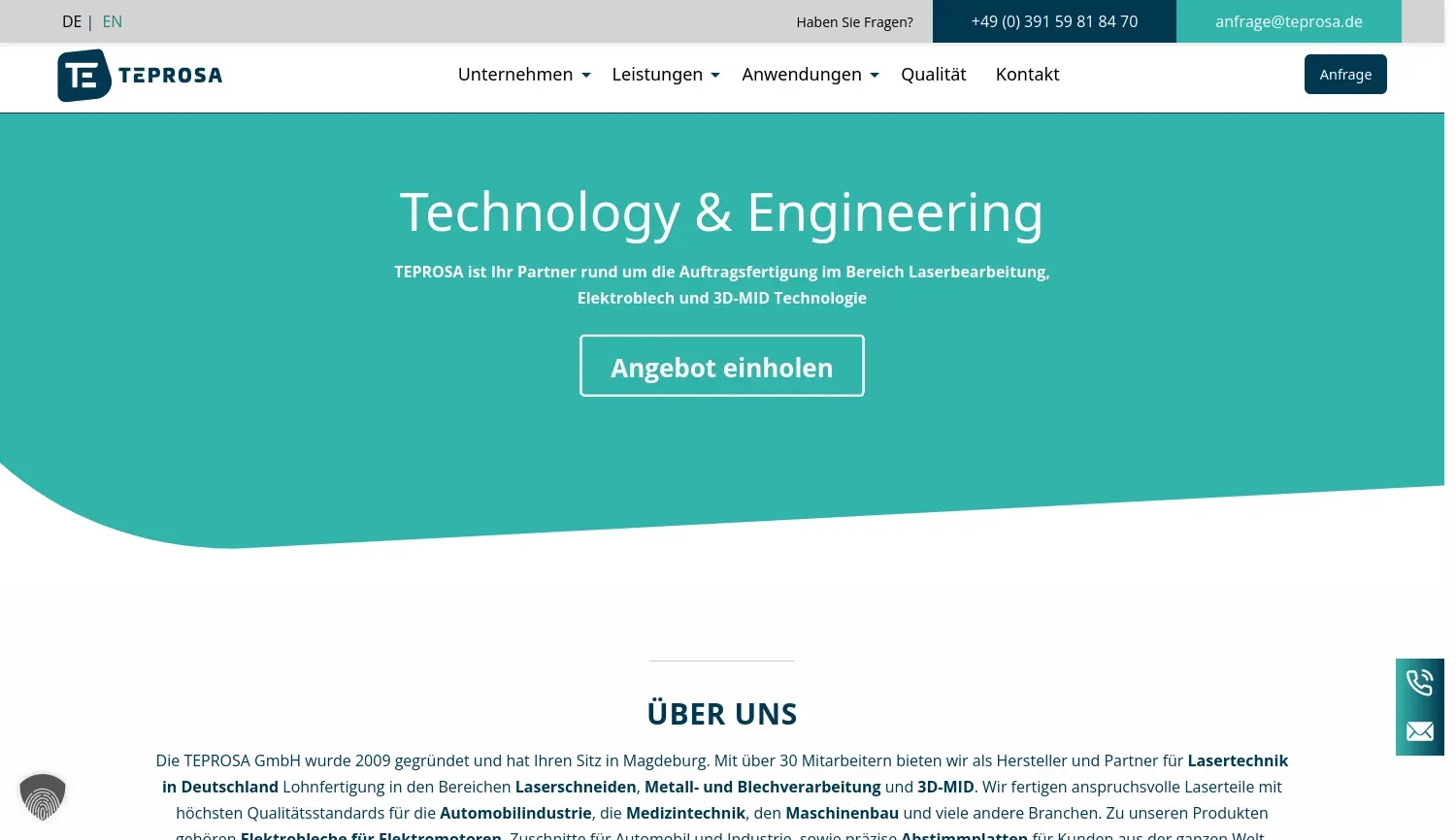 Website der Firma TEPROSA GmbH