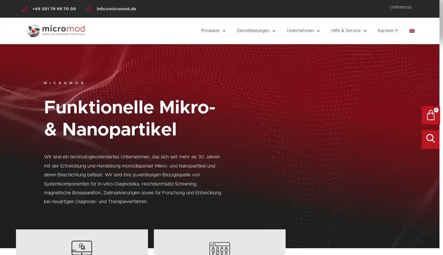 Website der Firma micromod Partikeltechnologie GmbH