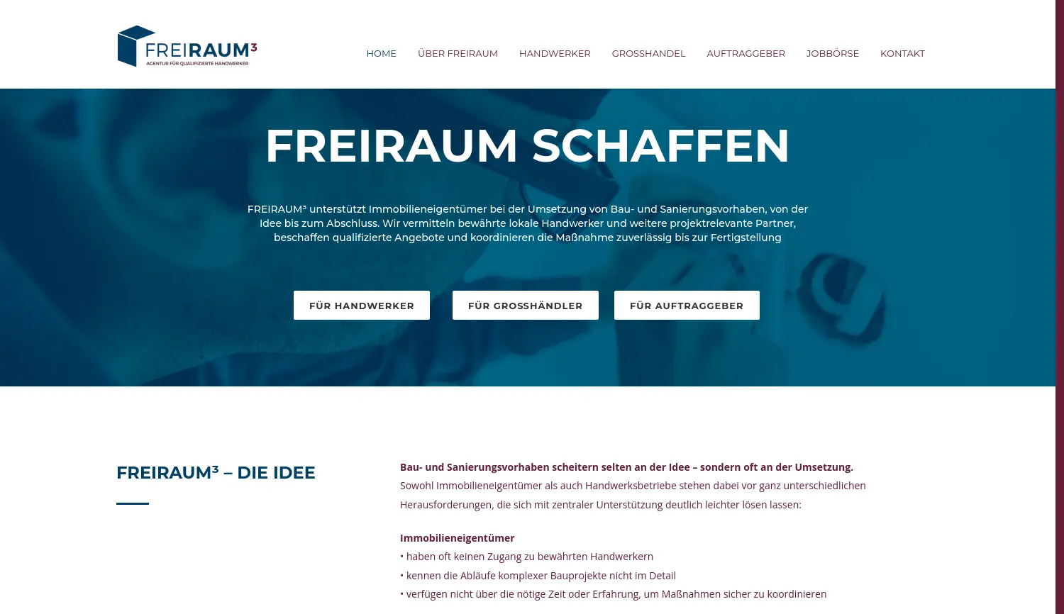 Website der Firma FREIRAUM3 – Agentur für qualifizierte Handwerker