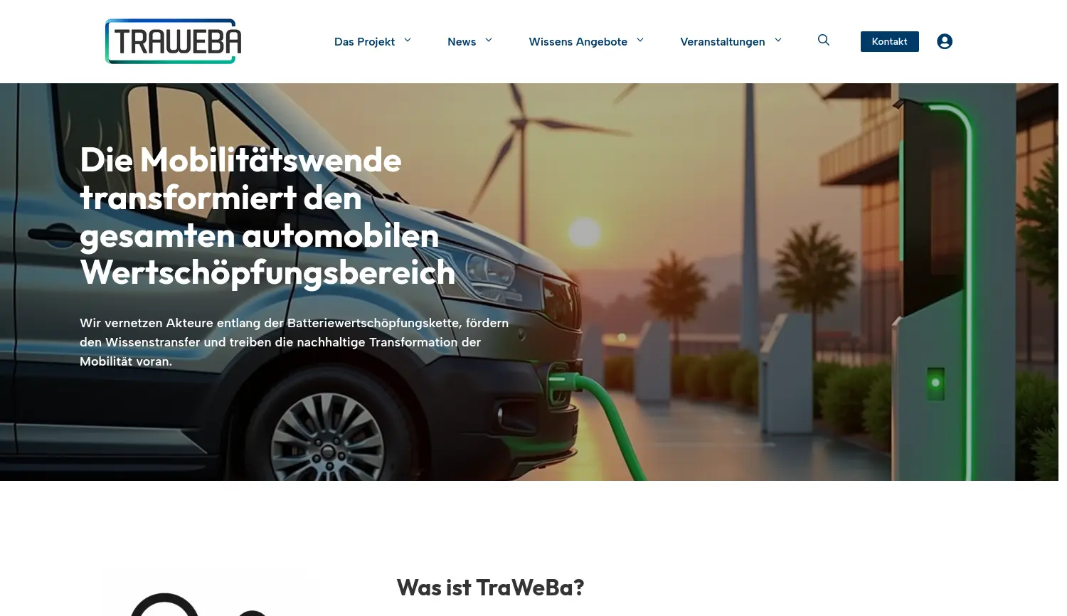 Website der Firma TraWeBa - Transformations-HUB Wertschöpfungskette Batterie (Geschäftsstelle ACOD GmbH)