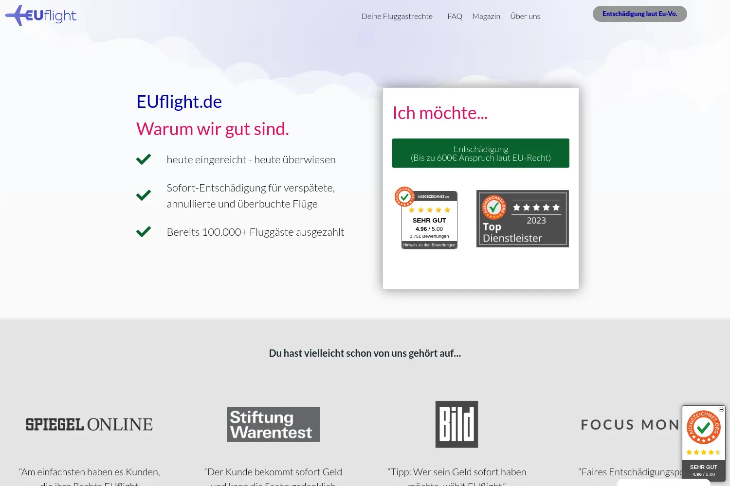 Website der Firma EUflight.de GmbH