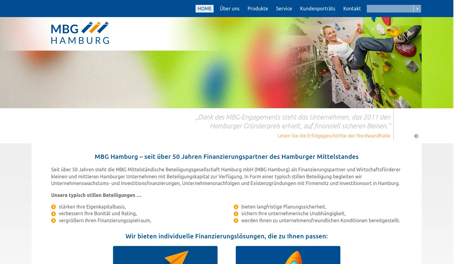Website der Firma MBG Mittelständische Beteiligungsgesellschaft Hamburg mbH