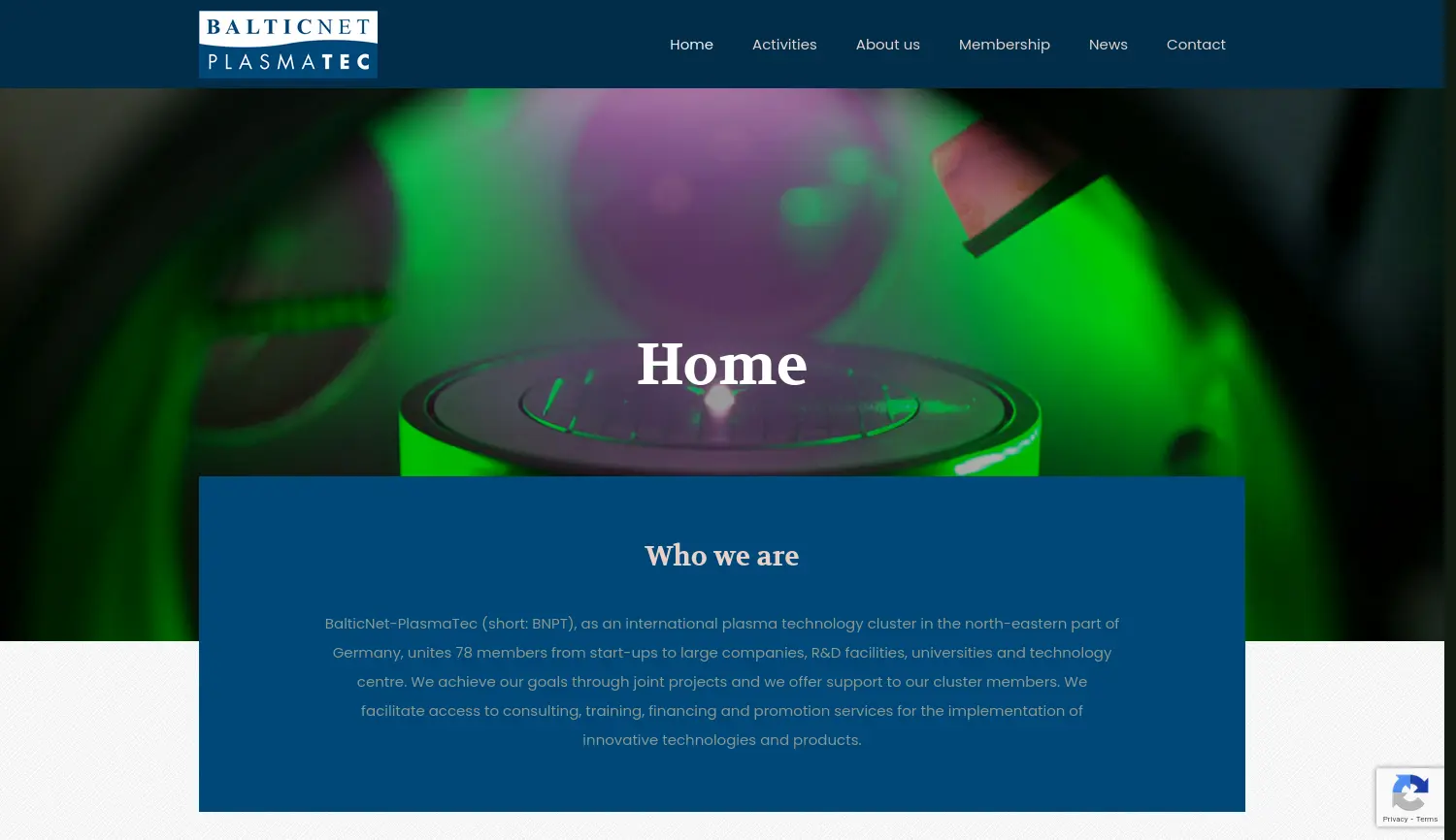 Website der Firma BalticNet-PlasmaTec e.V.