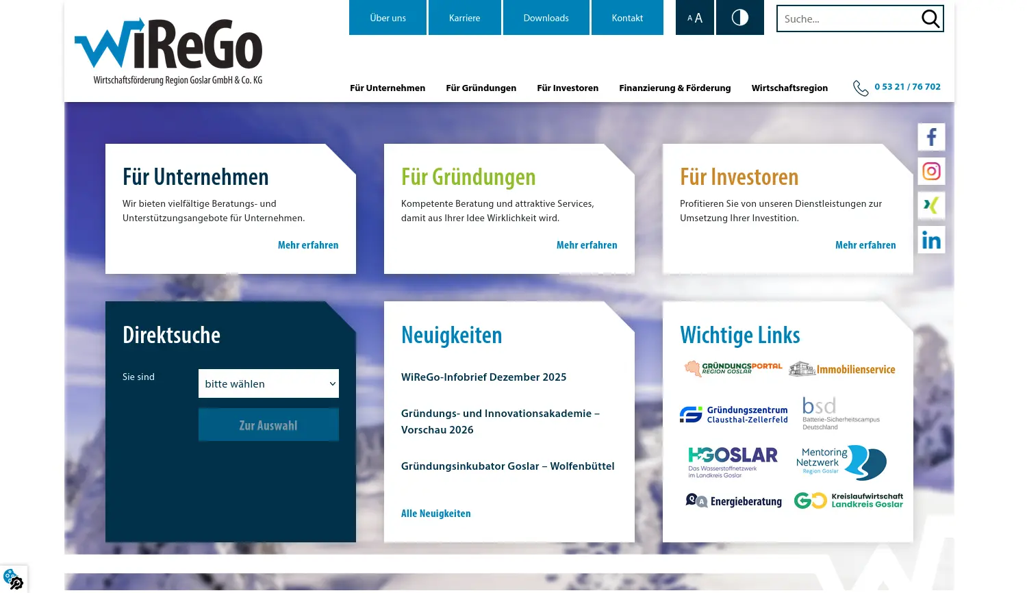 Website der Firma Wirtschaftsförderung Region Goslar GmbH & Co. KG