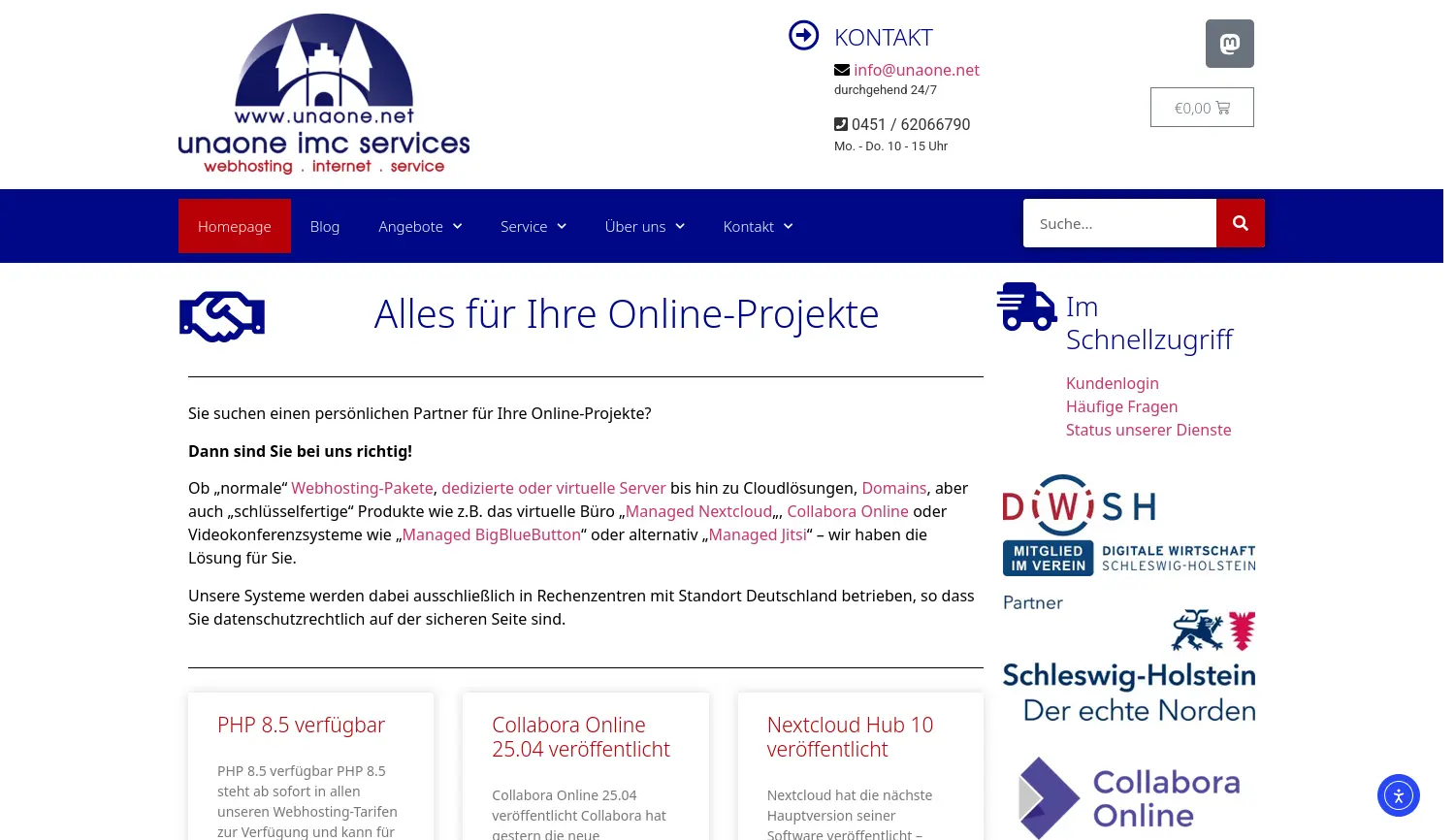Website der Firma unaone imc services Markus Hagge