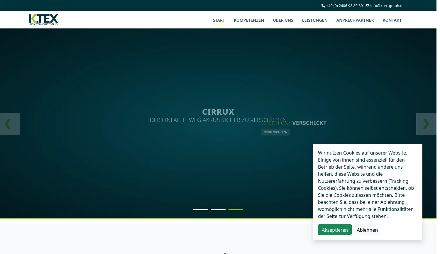 Website der Firma K.TEX – Knein Technische Textilien GmbH