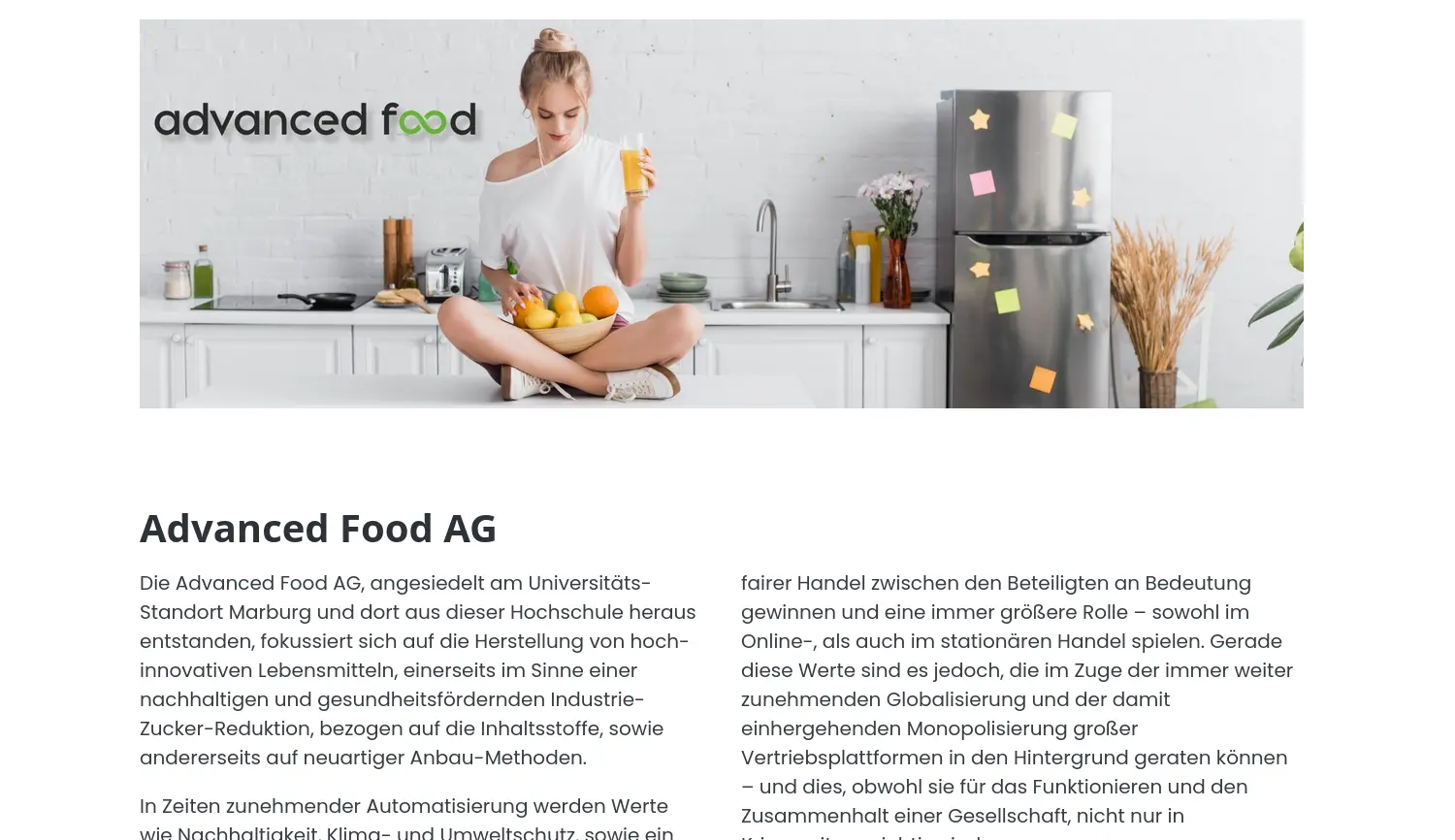 Website der Firma Advanced Food AG