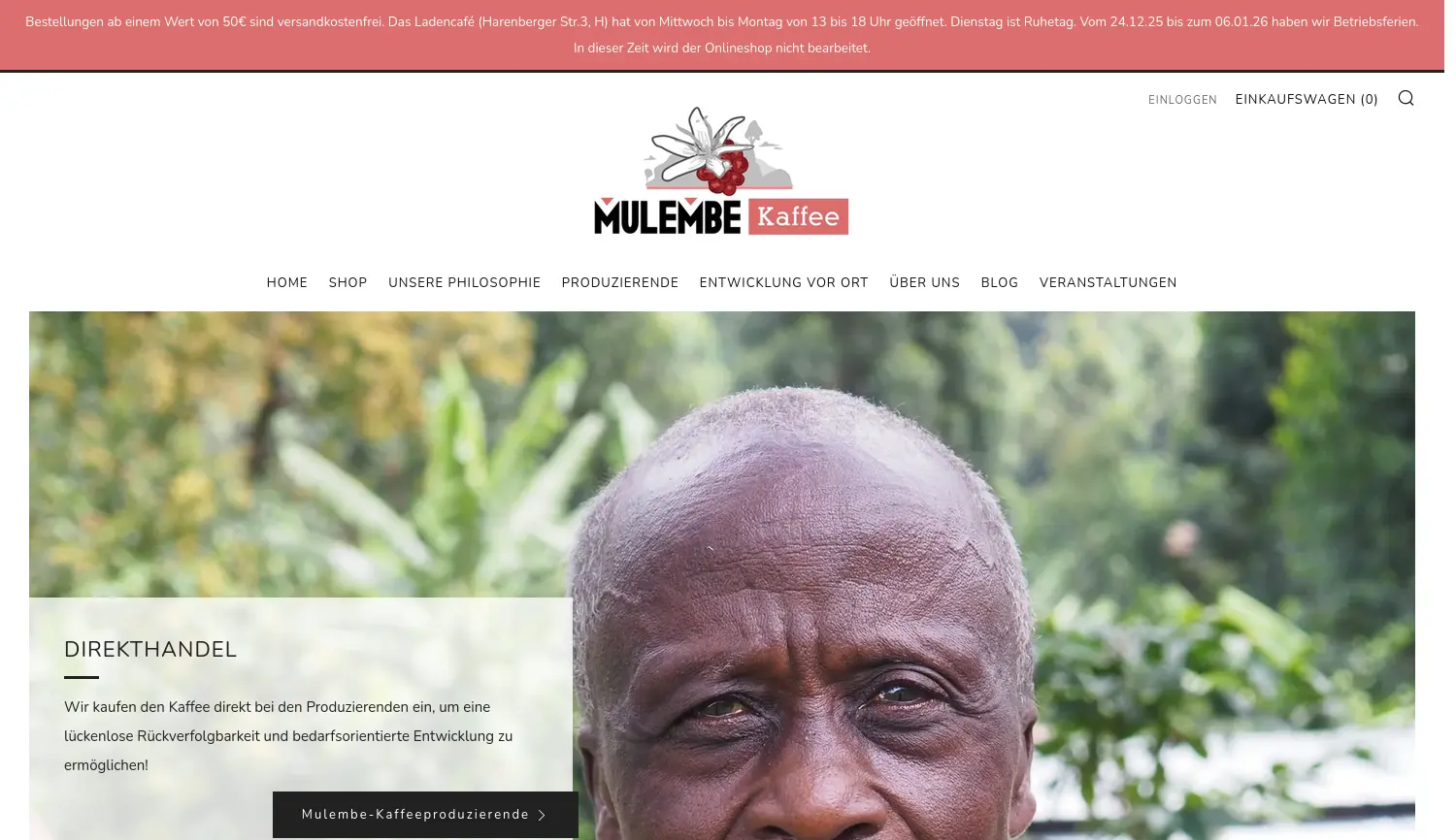 Website der Firma MULEMBE Kaffee UG