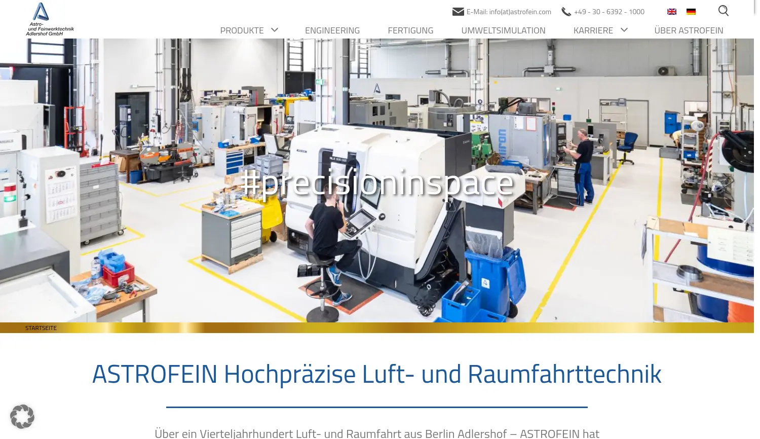 Website der Firma Astro- und Feinwerktechnik Adlershof GmbH