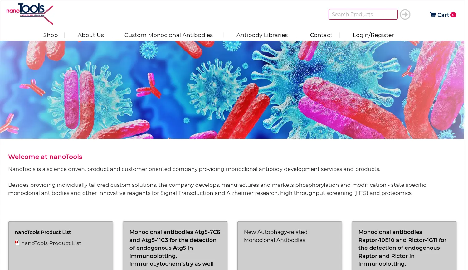 Website der Firma nanoTools Antikörpertechnik GmbH & Co. KG