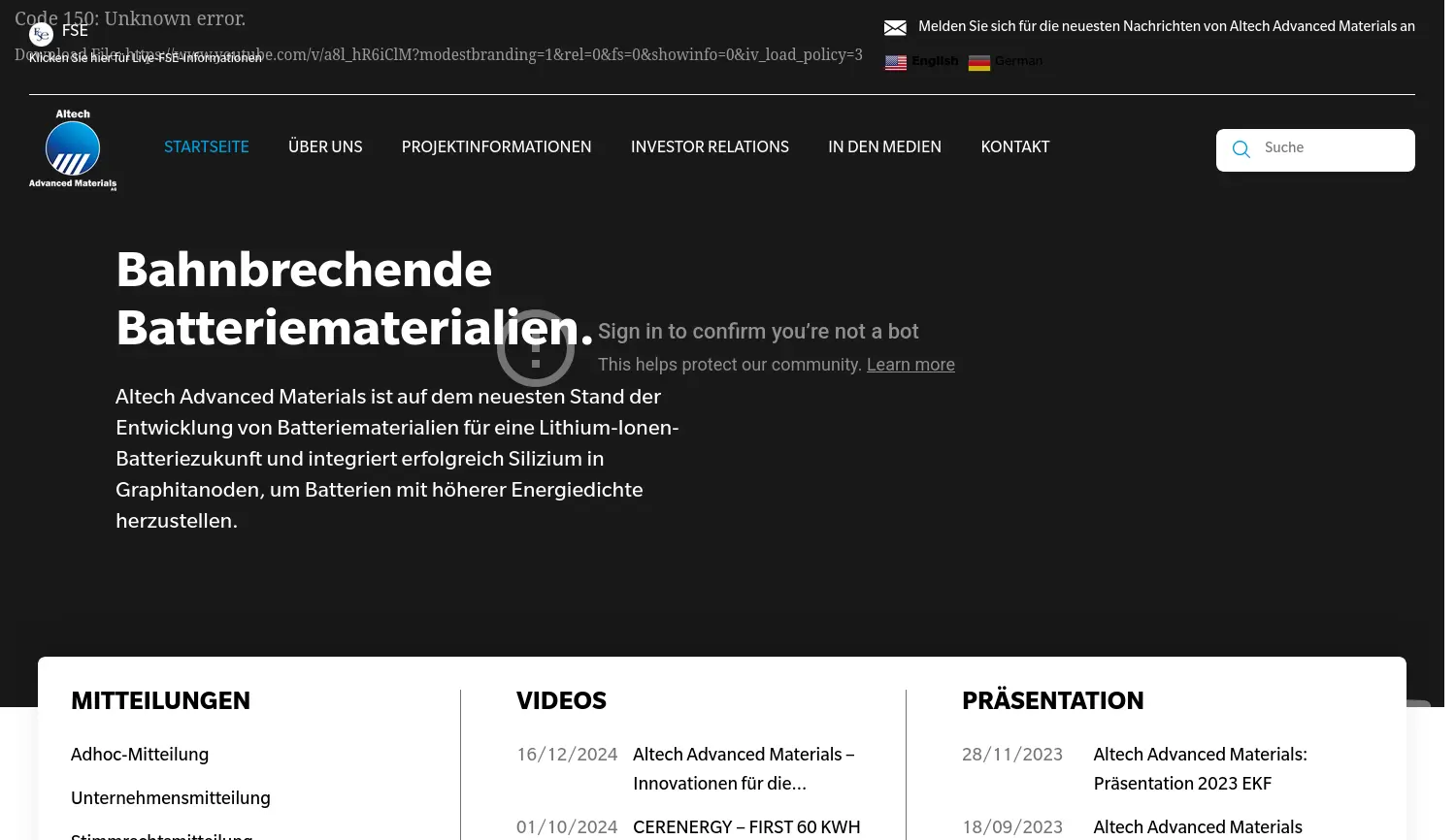 Website der Firma Altech Advanced Materials AG