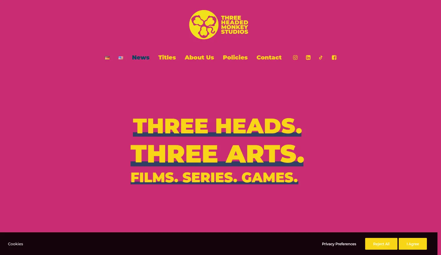 Website der Firma Three Headed Monkey Films GmbH