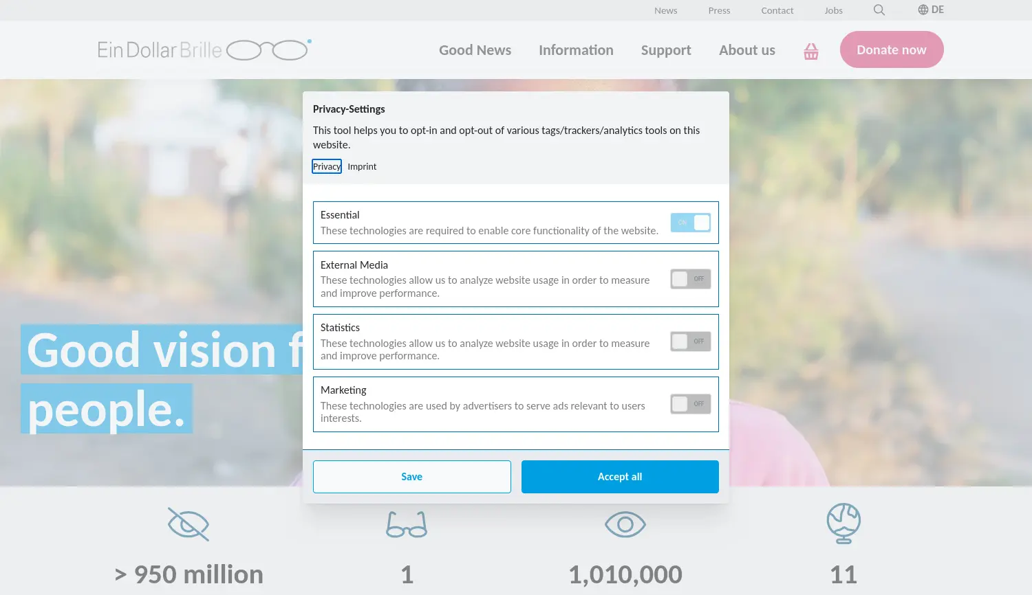 Website der Firma EinDollarBrille e.V.