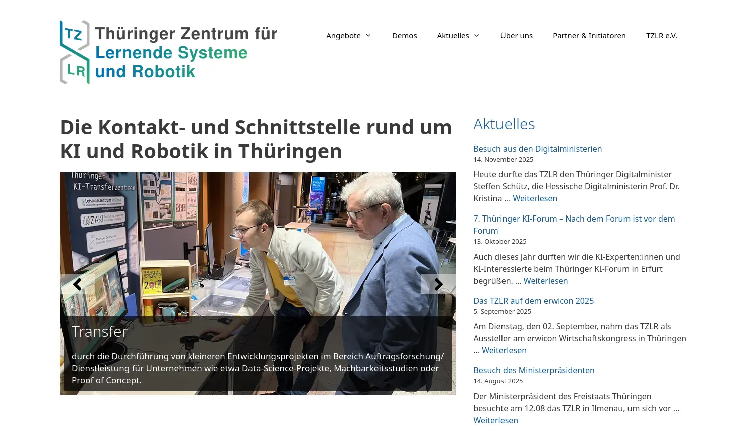 Website der Firma Thüringer Zentrum für Lernende Systeme und Robotik e.V.