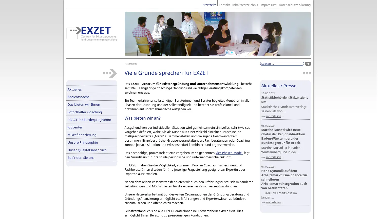 Website der Firma EXZET - Verein zur Förderung des Existenzgründerzentrum Stuttgart e.V.