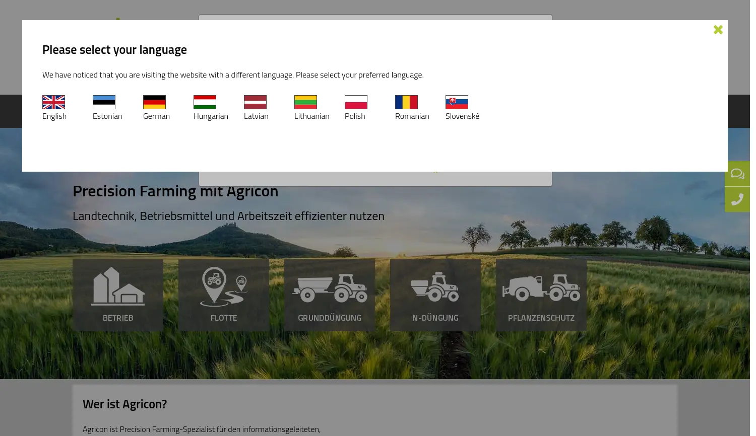 Website der Firma Agricon GmbH