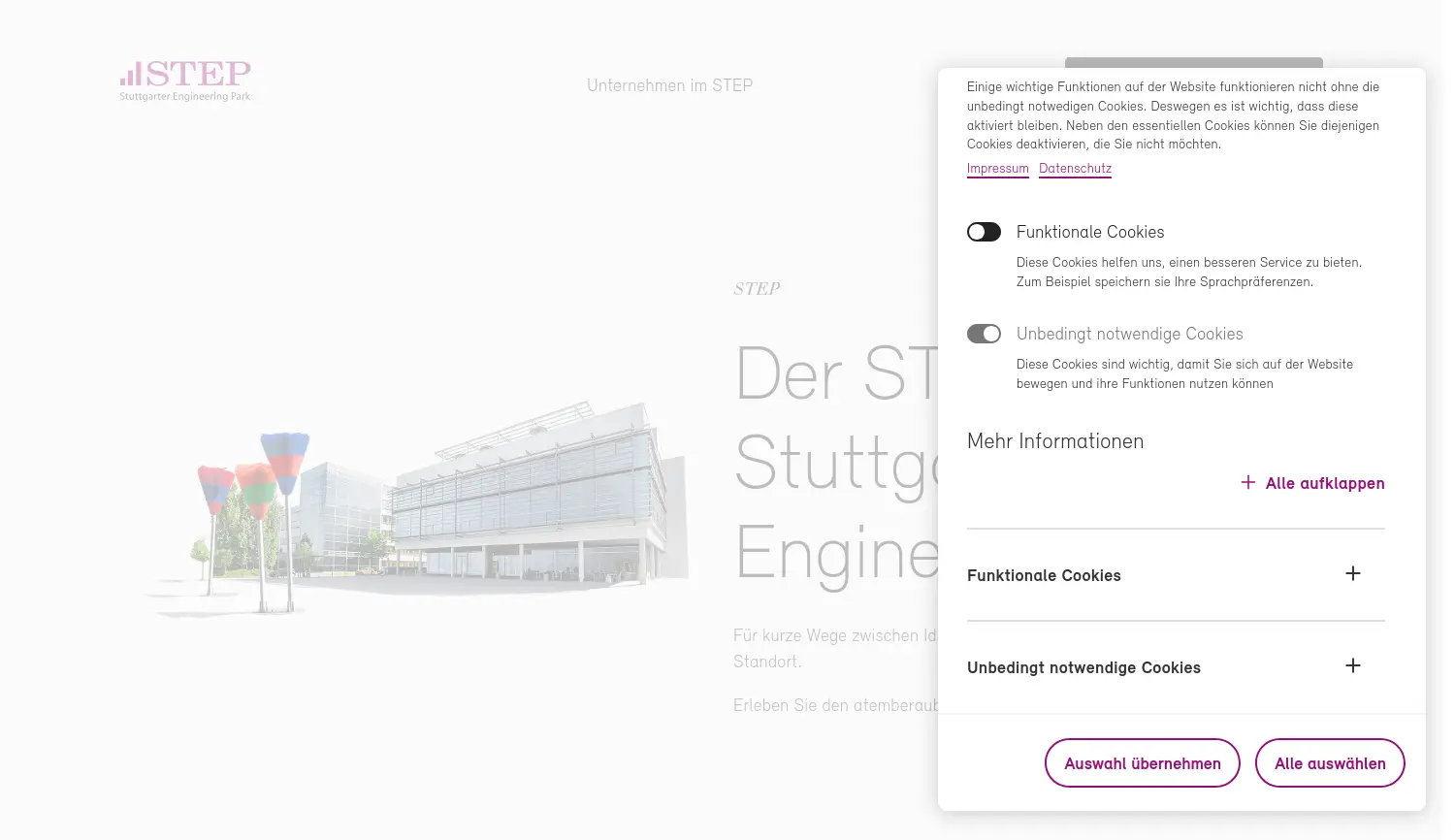 Website der Firma STEP Stuttgarter Engineering Park GmbH