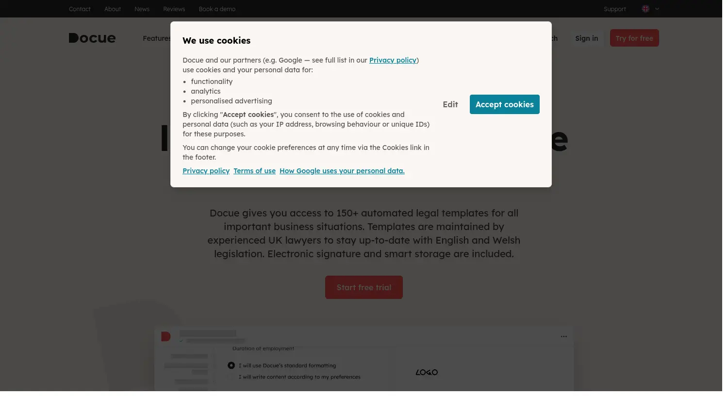 Website der Firma Docue Technologies UK Ltd