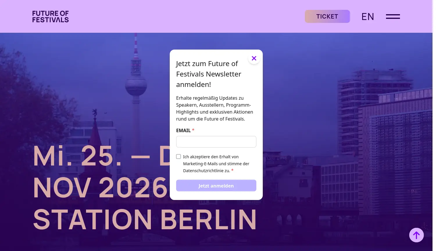 Website der Firma Future of Festivals GmbH