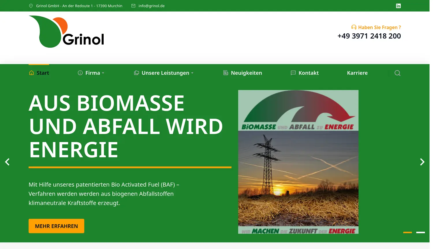 Website der Firma Grinol GmbH