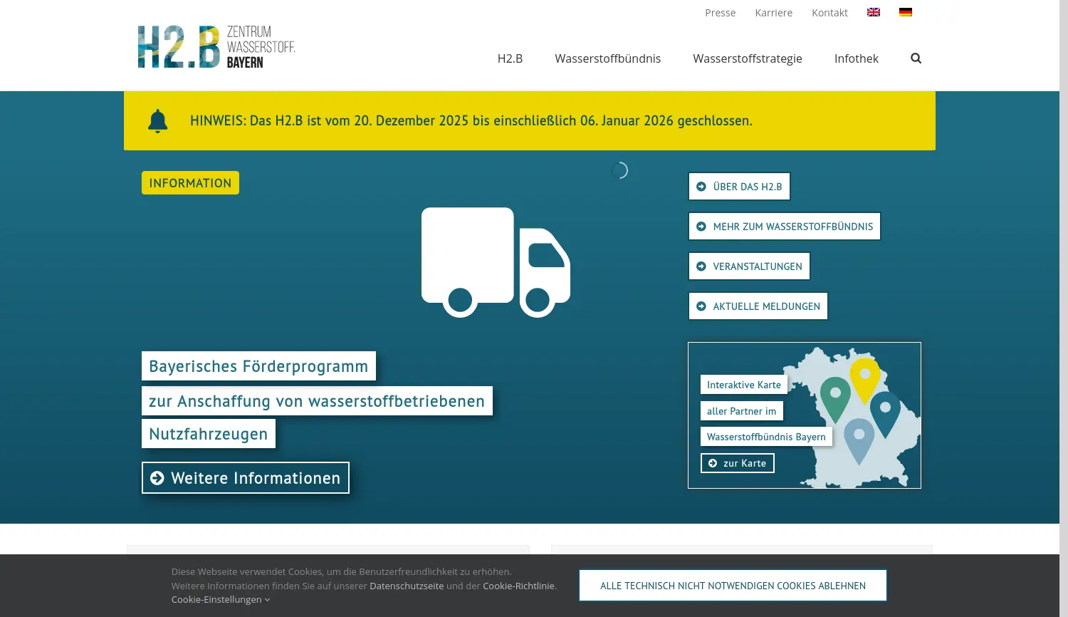 Website der Firma Zentrum Wasserstoff.Bayern (H2.B)