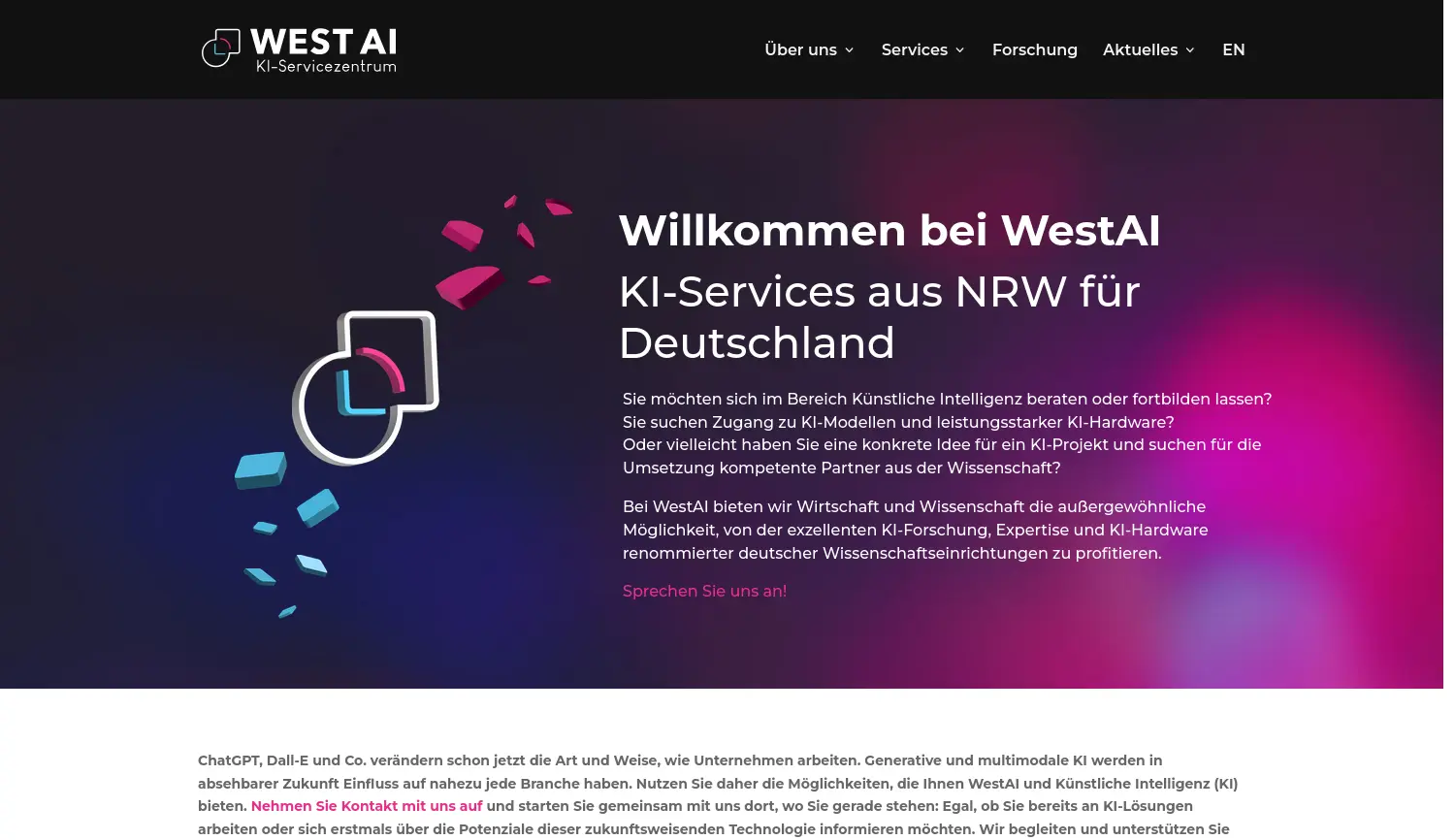 Website der Firma KI-Servicezentrum WestAI (Konsortium unter Leitung der Universität Bonn)