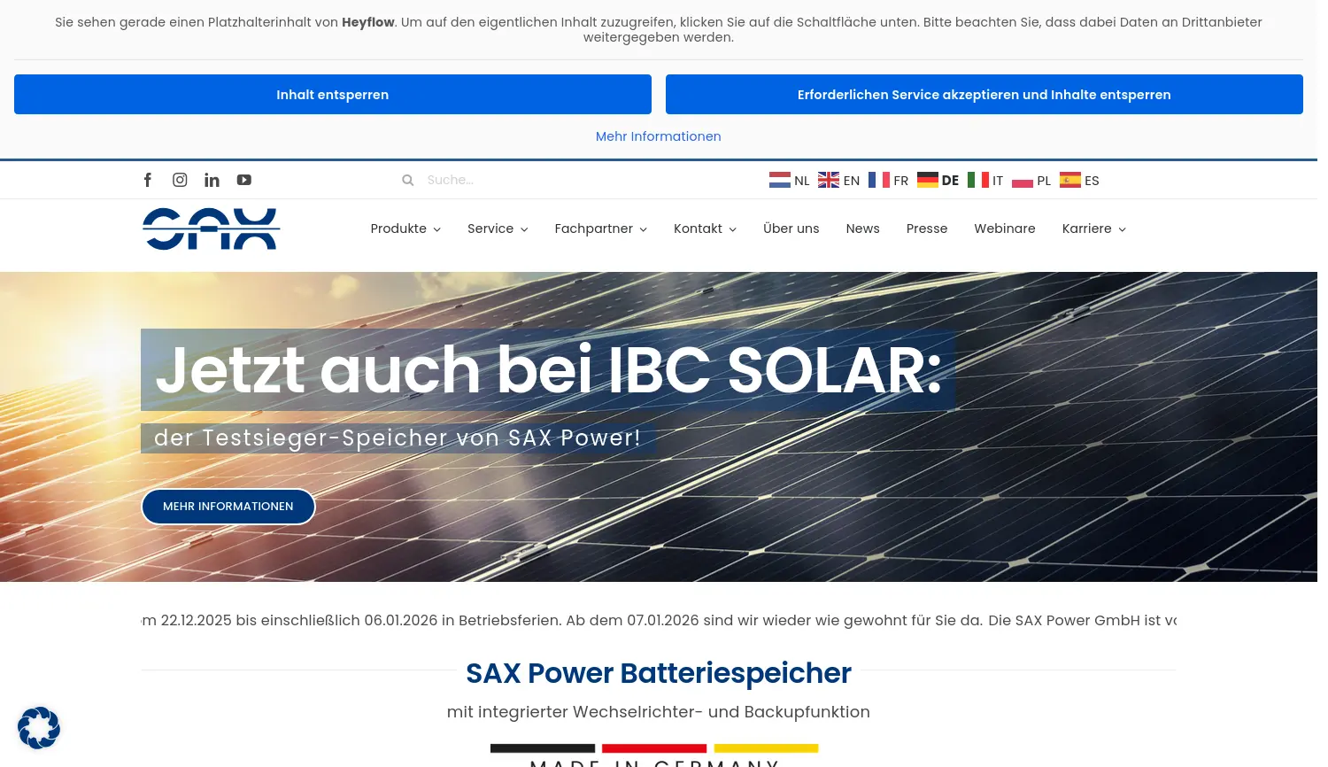 Website der Firma SAX Power GmbH