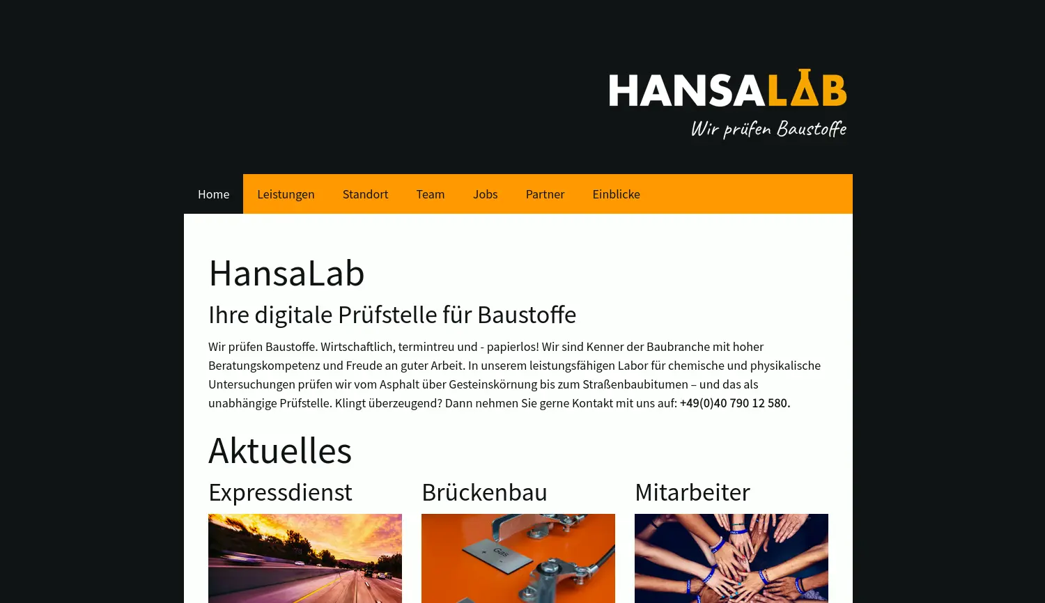 Website der Firma HLG HansaLab GmbH