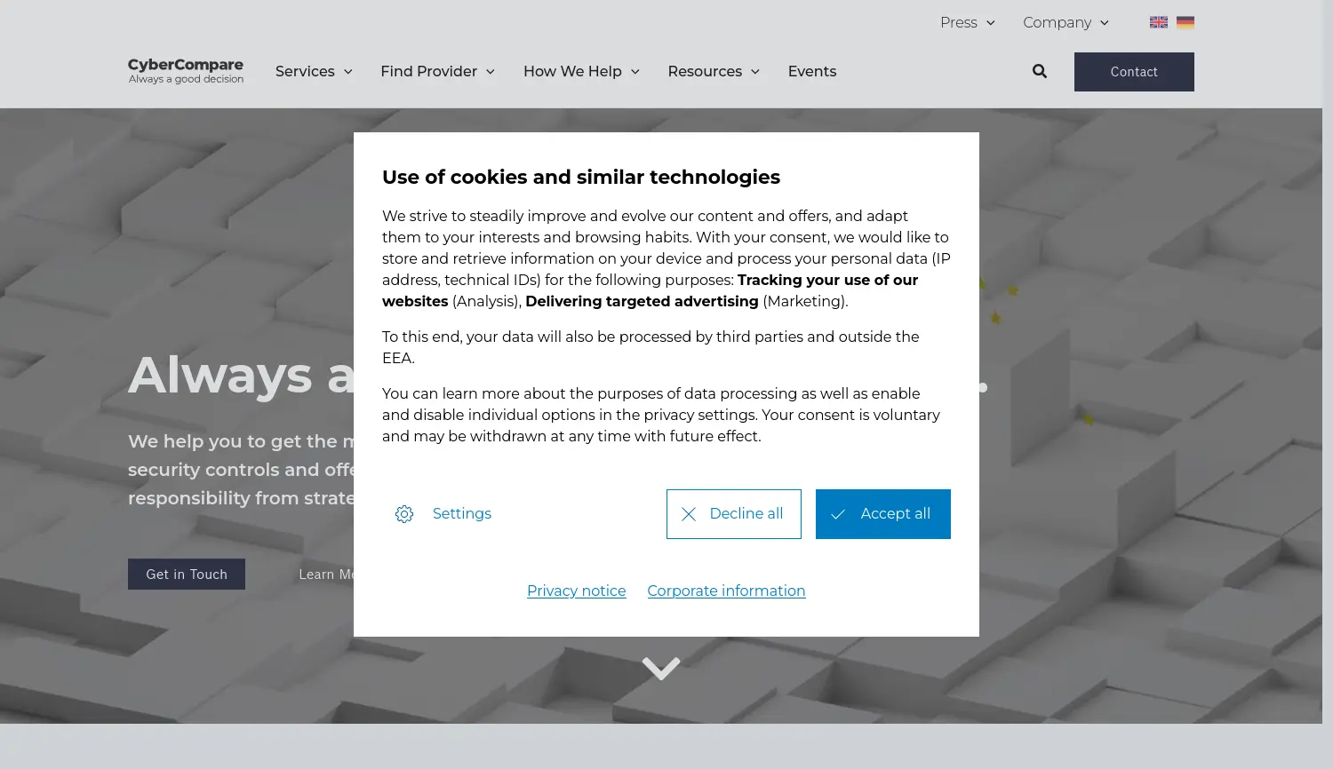 Website der Firma CyberCompare GmbH