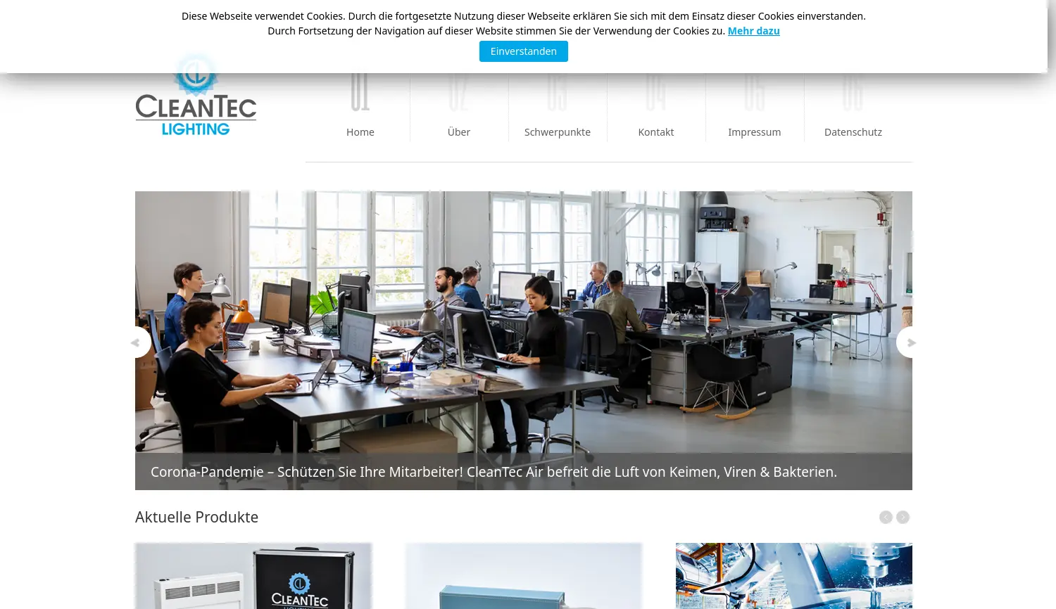 Website der Firma CleanTec Lighting GmbH