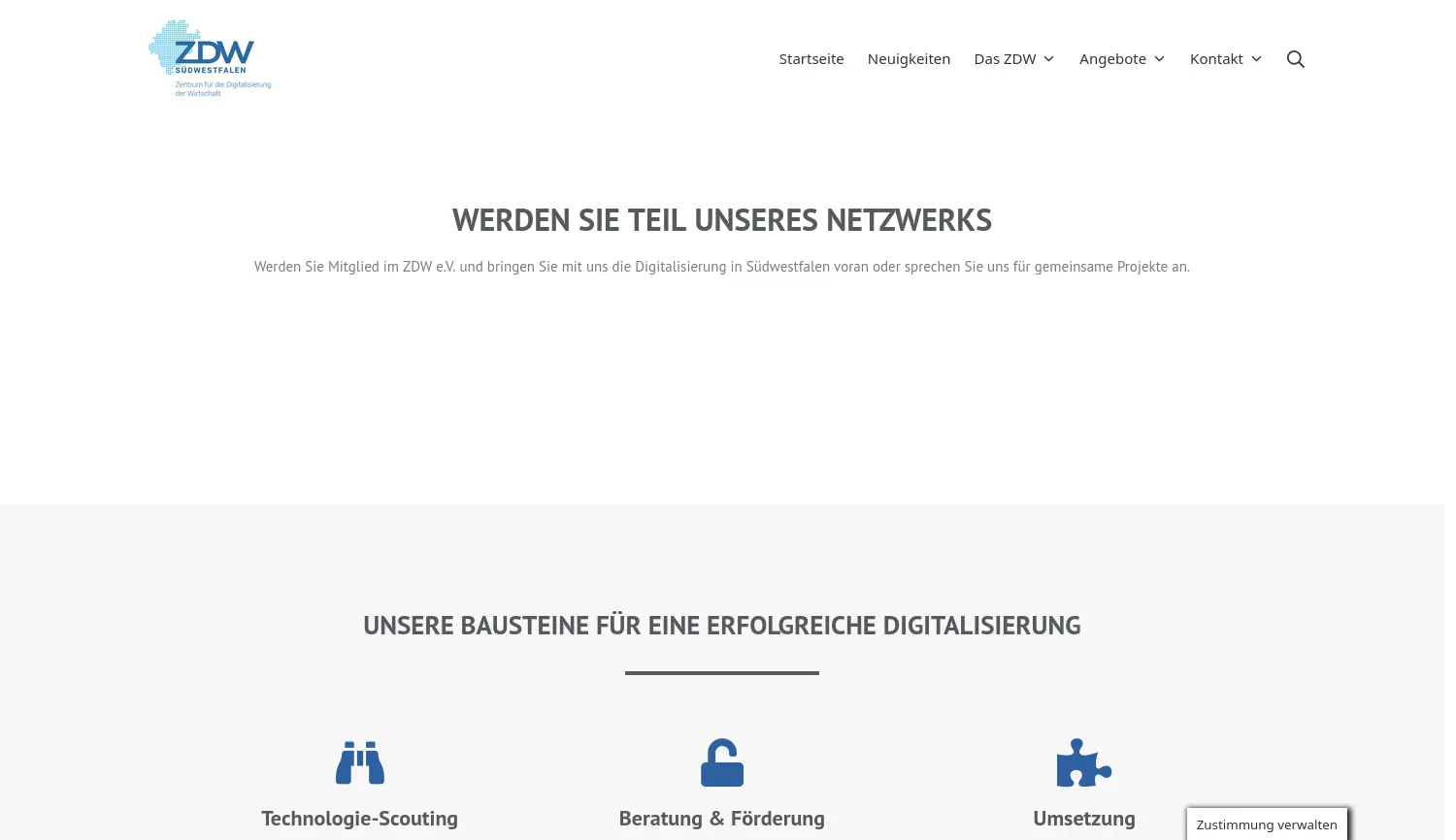 Website der Firma ZDW Südwestfalen GmbH