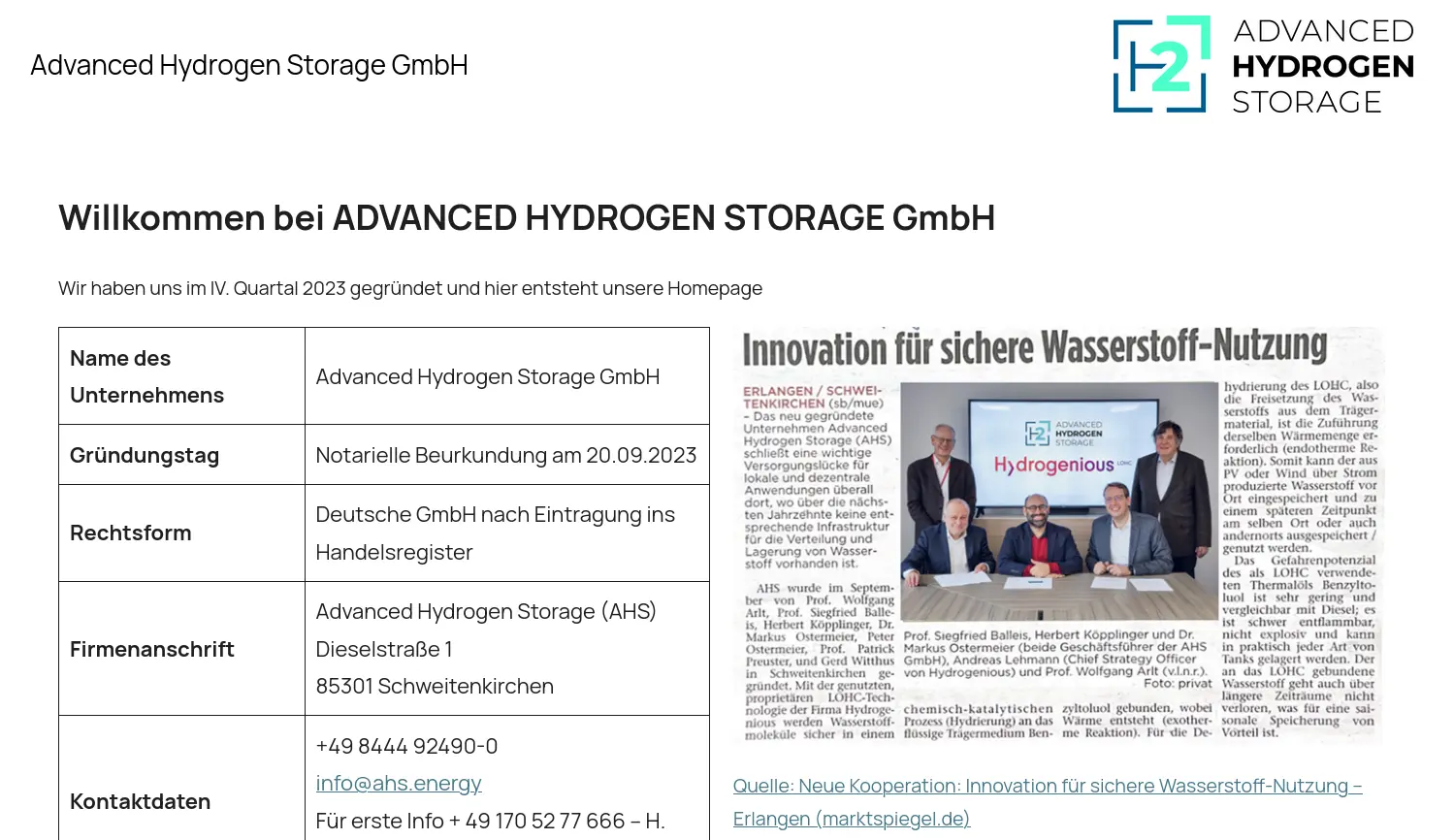 Website der Firma Advanced Hydrogen Storage GmbH